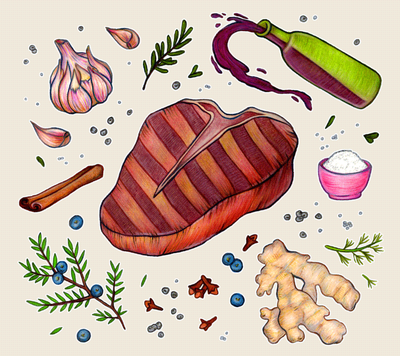 illustration of steak with spices like ginger, vinegar, garlic, salt, cinnamon and rosemary